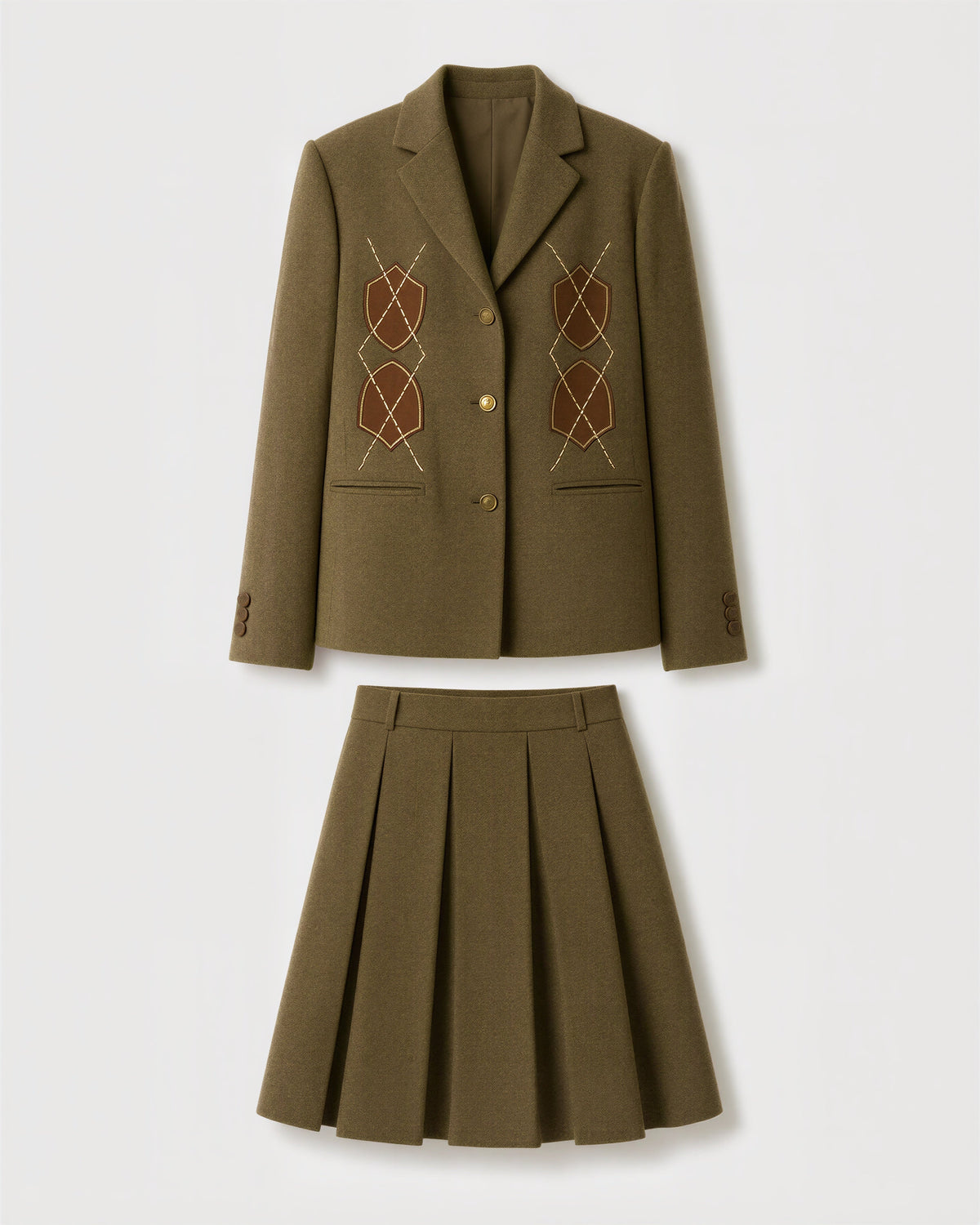 Norma Melton Blazer and Pleated Skirt Set, Khaki Brown, khaki brown, product view without a model