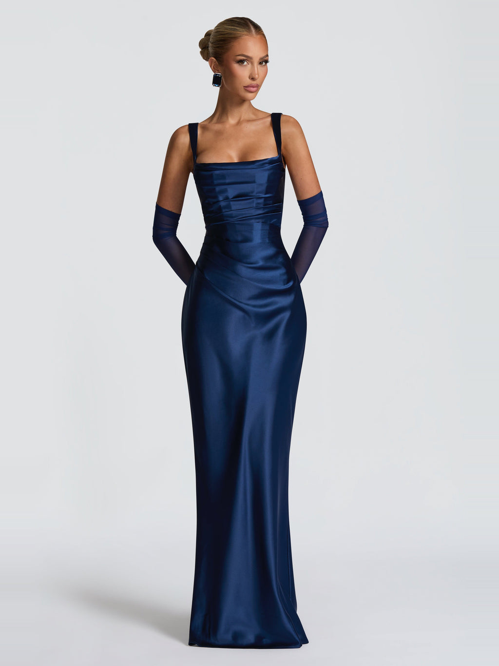Livia Square Neck Corset Satin Maxi Dress in Navy — Svelte Chic