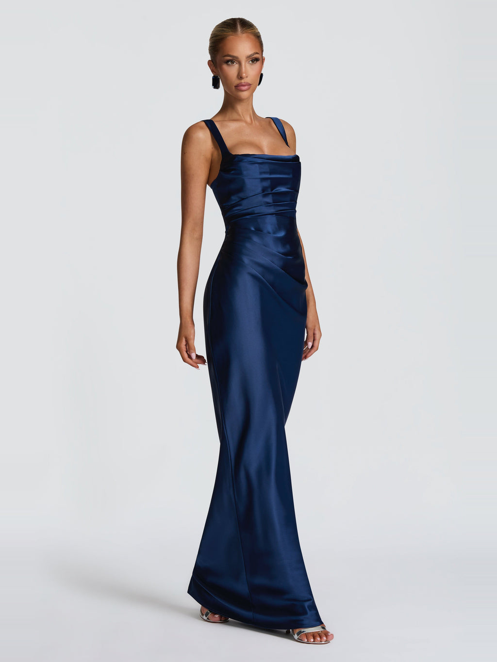 Livia Square Neck Corset Satin Maxi Dress — Svelte Chic