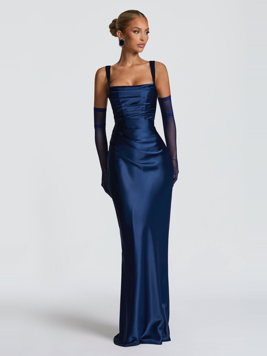 Livia Square Neck Corset Satin Maxi Dress — Svelte Chic