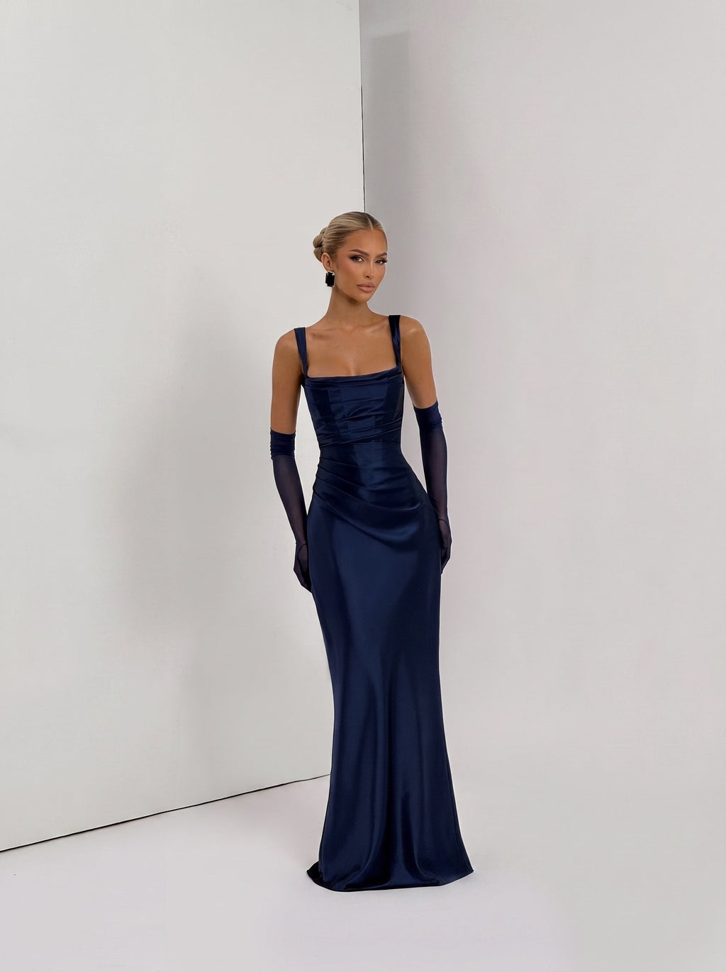 Livia Square Neck Corset Satin Maxi Dress — Svelte Chic