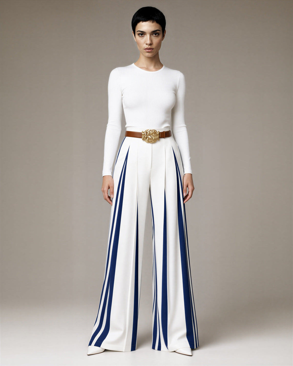 Olimpia Striped Pleated High Waisted Wide Leg Trousers, white navy, full length front view