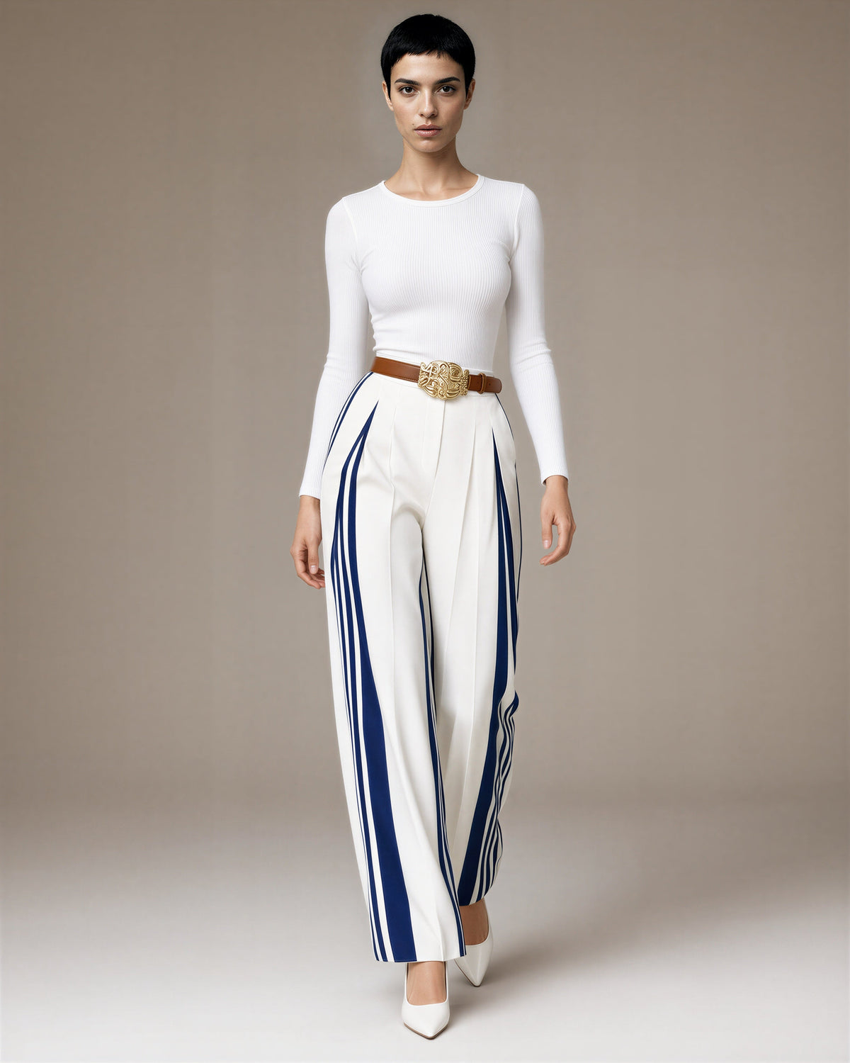 Olimpia Striped Pleated High Waisted Wide Leg Trousers, white navy, full length walking view