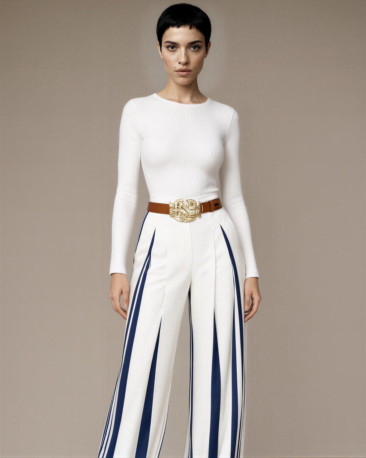 Olimpia Striped Pleated High Waisted Wide Leg Trousers, white navy, front view