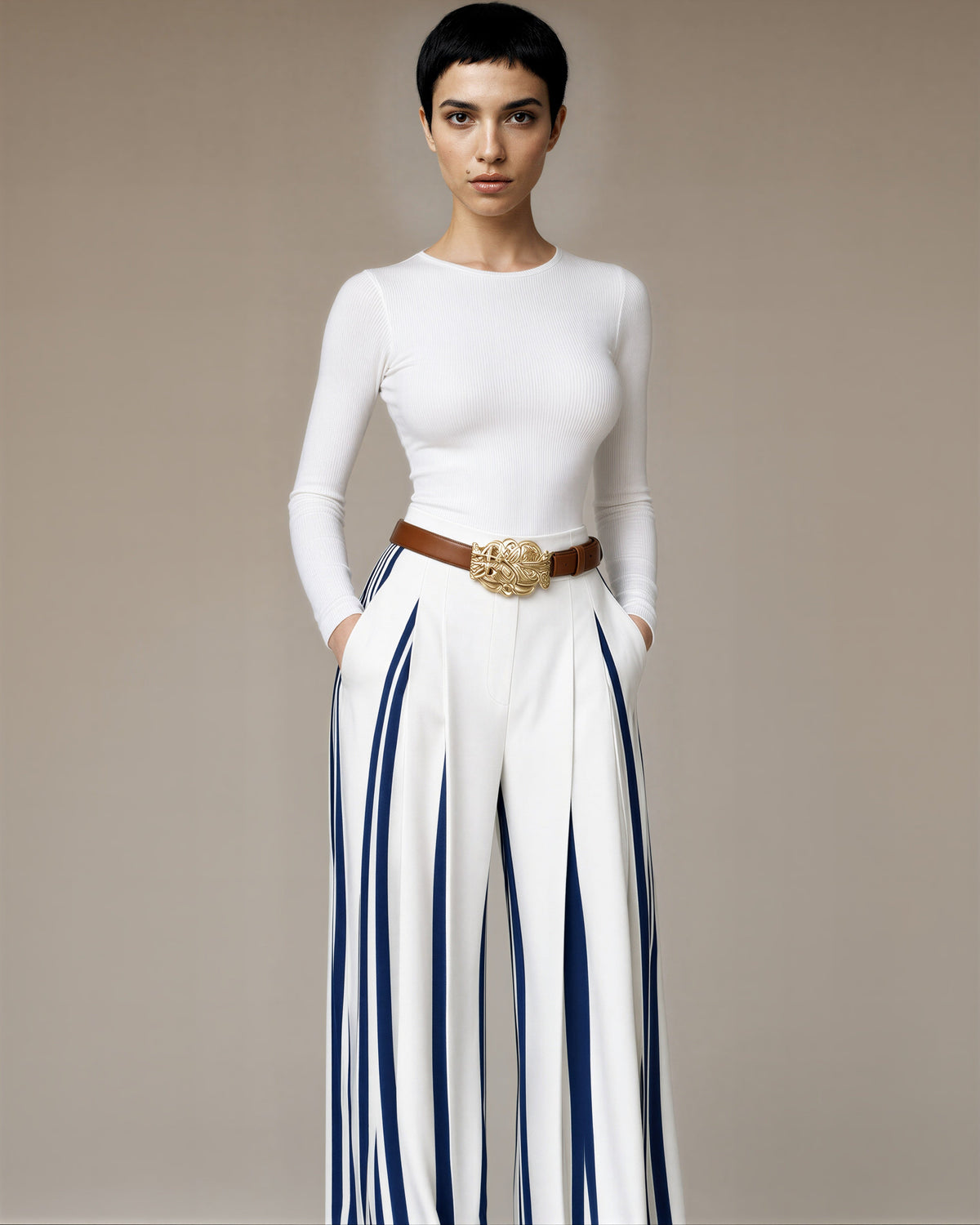 Olimpia Striped Pleated High Waisted Wide Leg Trousers, white navy, front, hands in pockets