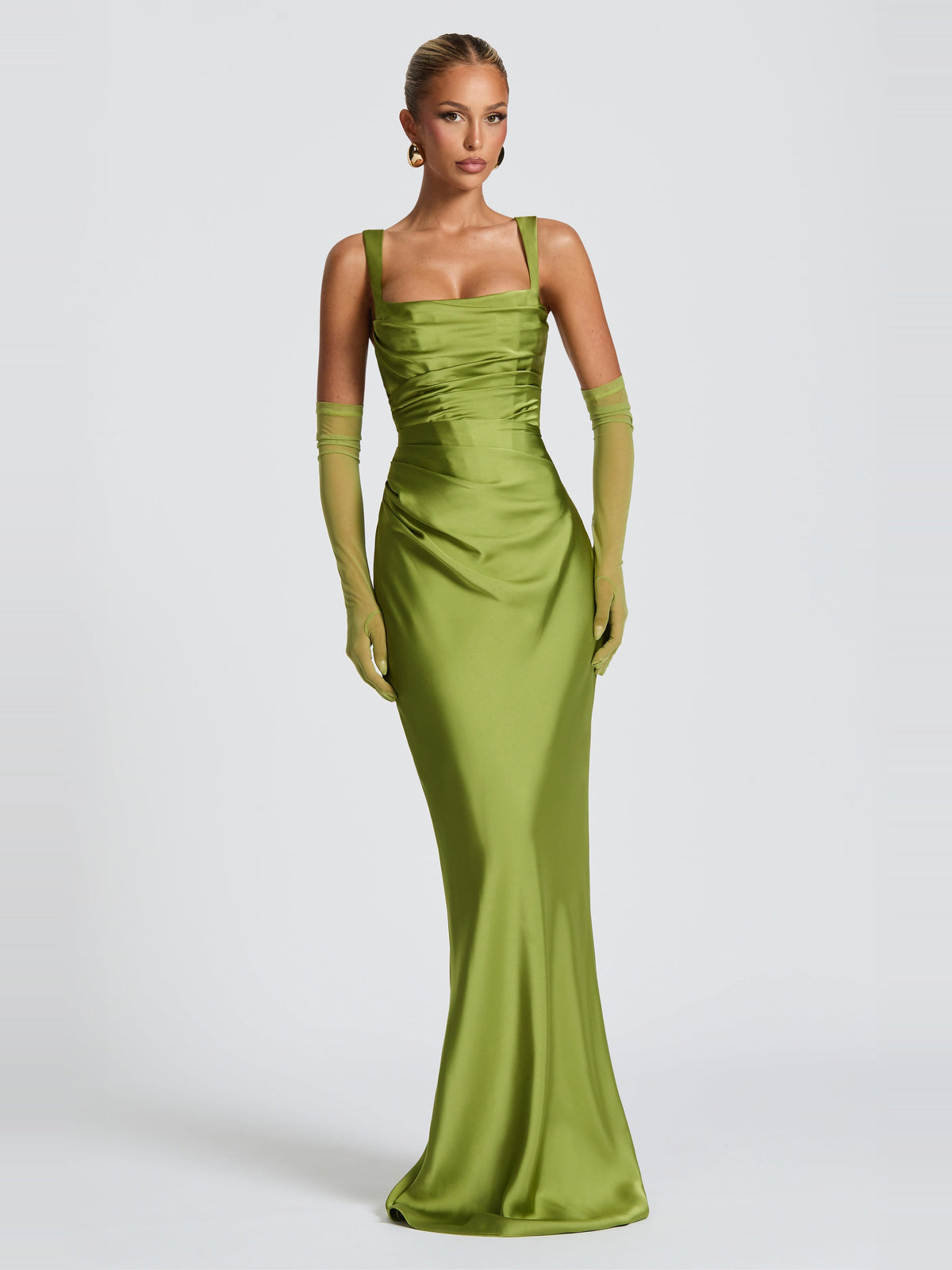 Livia Square Neck Corset Satin Maxi Dress in Light Green — Svelte Chic