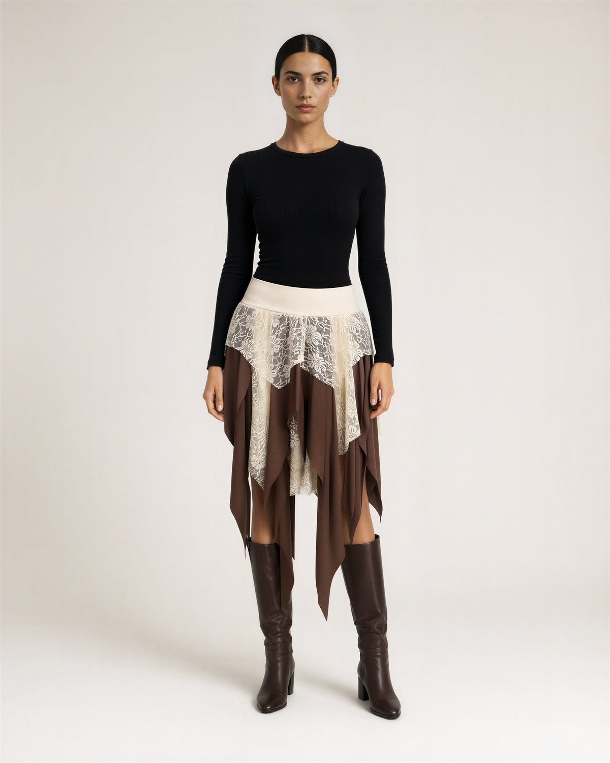 Ondina Lace Tiered Asymmetric Handkerchief Skirt, brown cream, full length front view