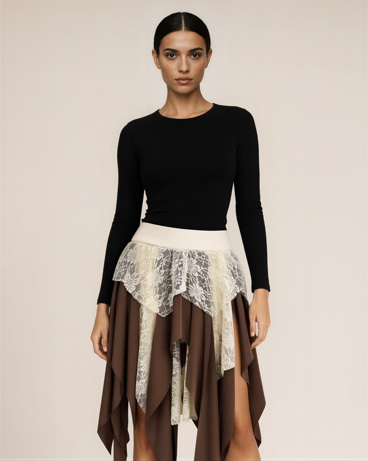 Ondina Lace Tiered Asymmetric Handkerchief Skirt, brown cream, front view