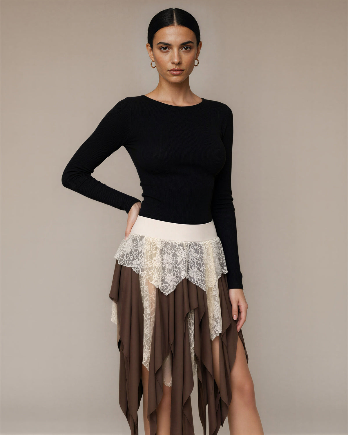 Ondina Lace Tiered Asymmetric Handkerchief Skirt, brown cream, front, hands on the waist
