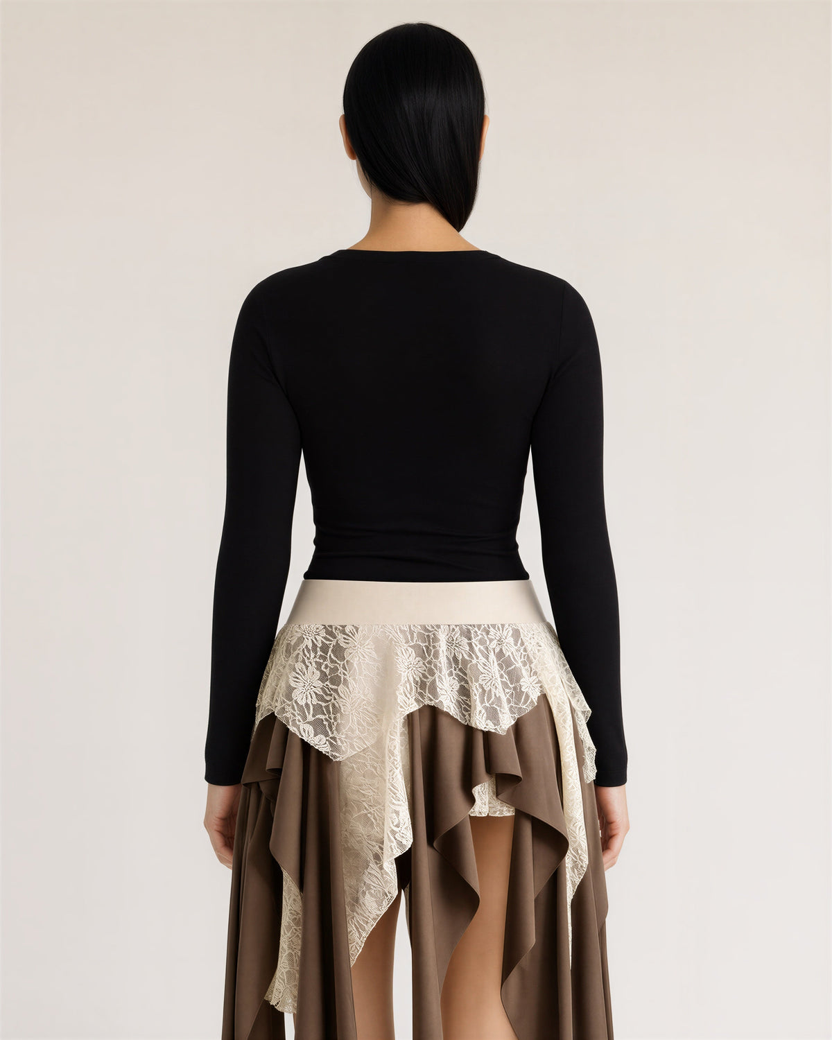 Ondina Lace Tiered Asymmetric Handkerchief Skirt, brown cream, back view