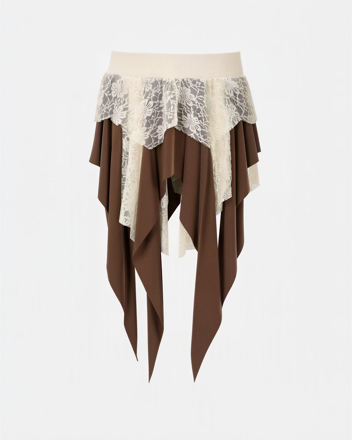Ondina Lace Tiered Asymmetric Handkerchief Skirt, brown cream, product view without a model