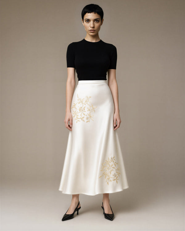 Oriana Embroidered Satin Skirt