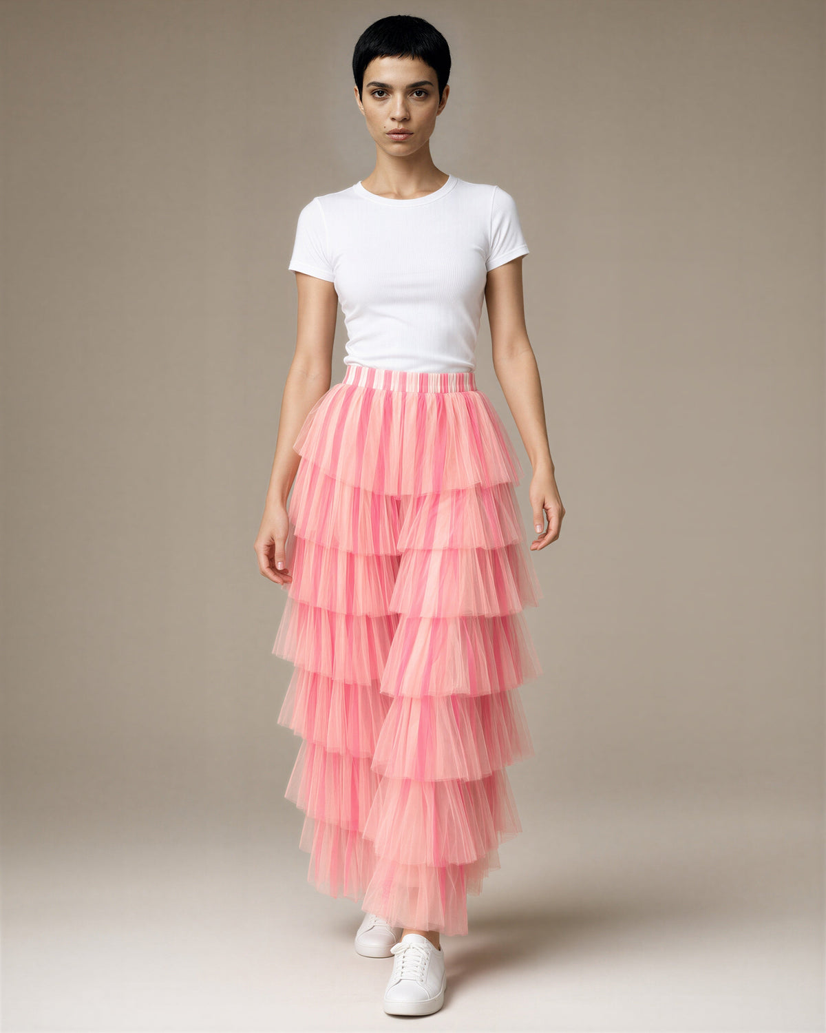 Orietta Tiered Ruffle Tulle Wide Leg Trousers, pink, full length walking view