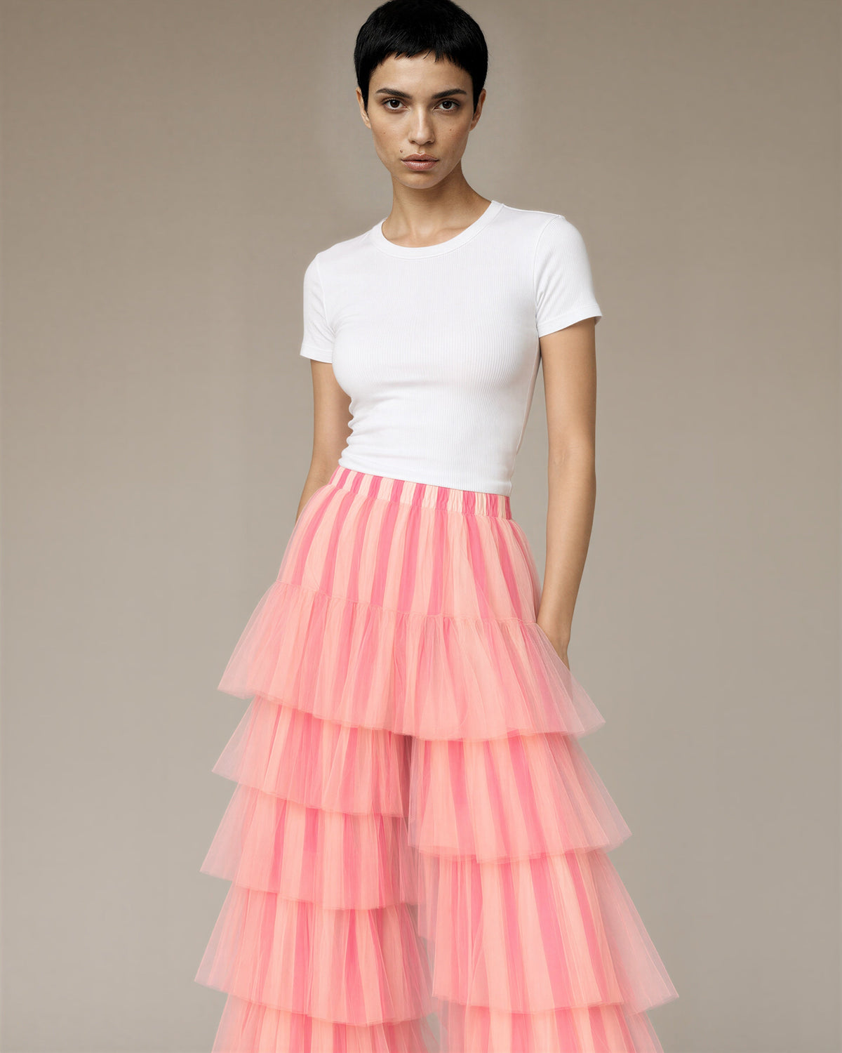 Orietta Tiered Ruffle Tulle Wide Leg Trousers, pink, three quarter view