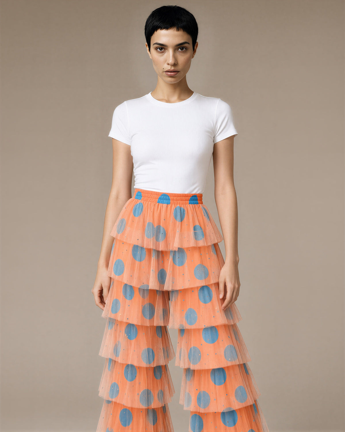 Orietta Tiered Ruffle Tulle Wide Leg Trousers, orange polka dot color option