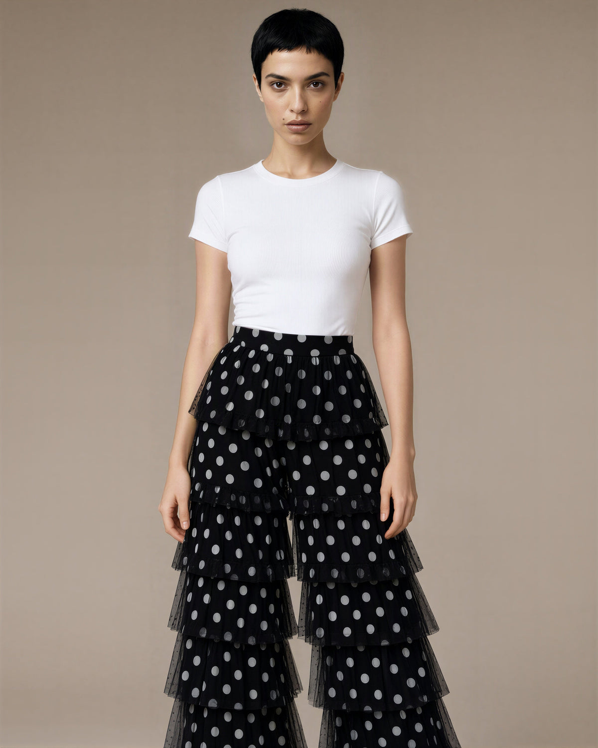 Orietta Tiered Ruffle Tulle Wide Leg Trousers, black polka dot color option