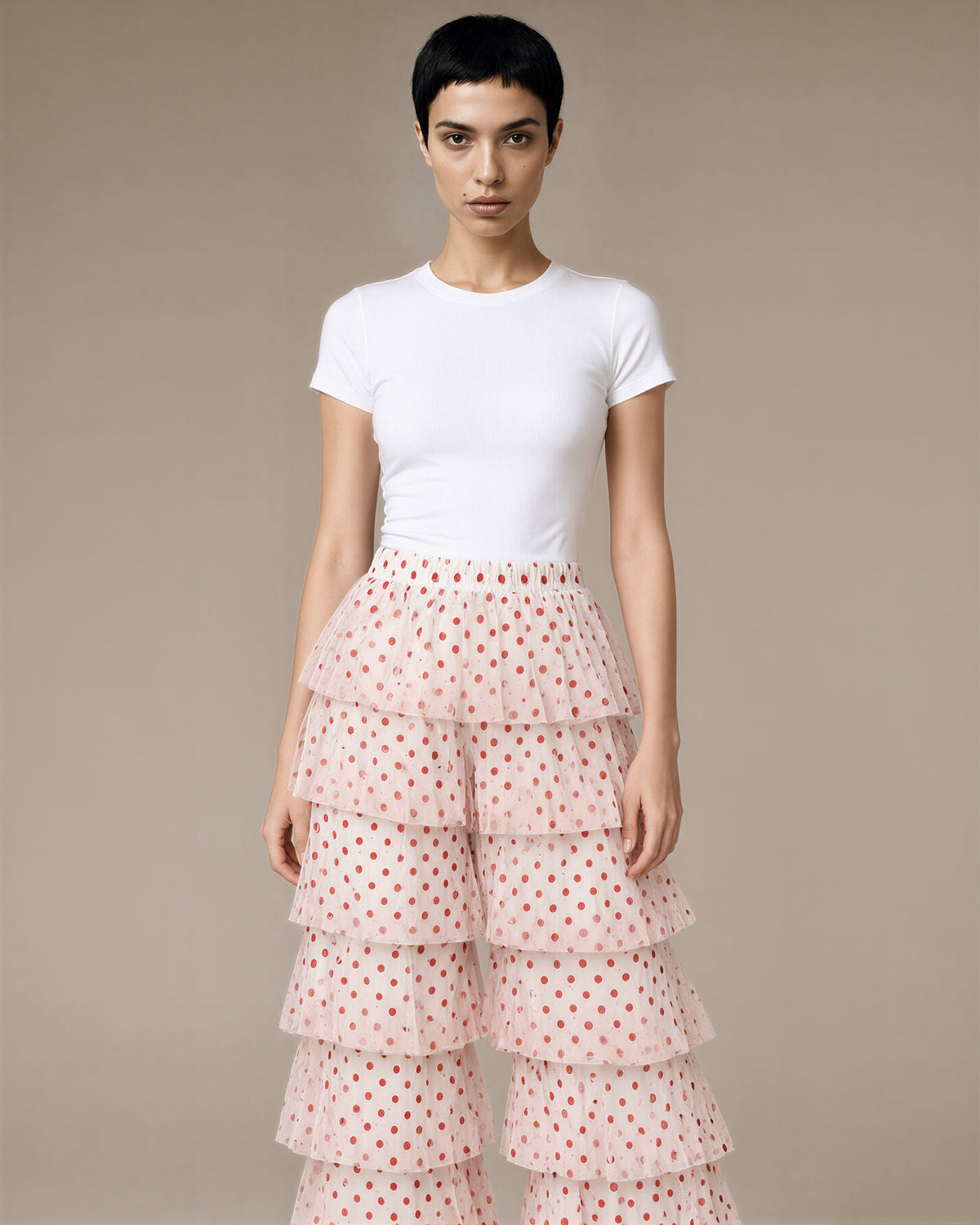 Orietta Tiered Ruffle Tulle Wide Leg Trousers, white polka dot color option