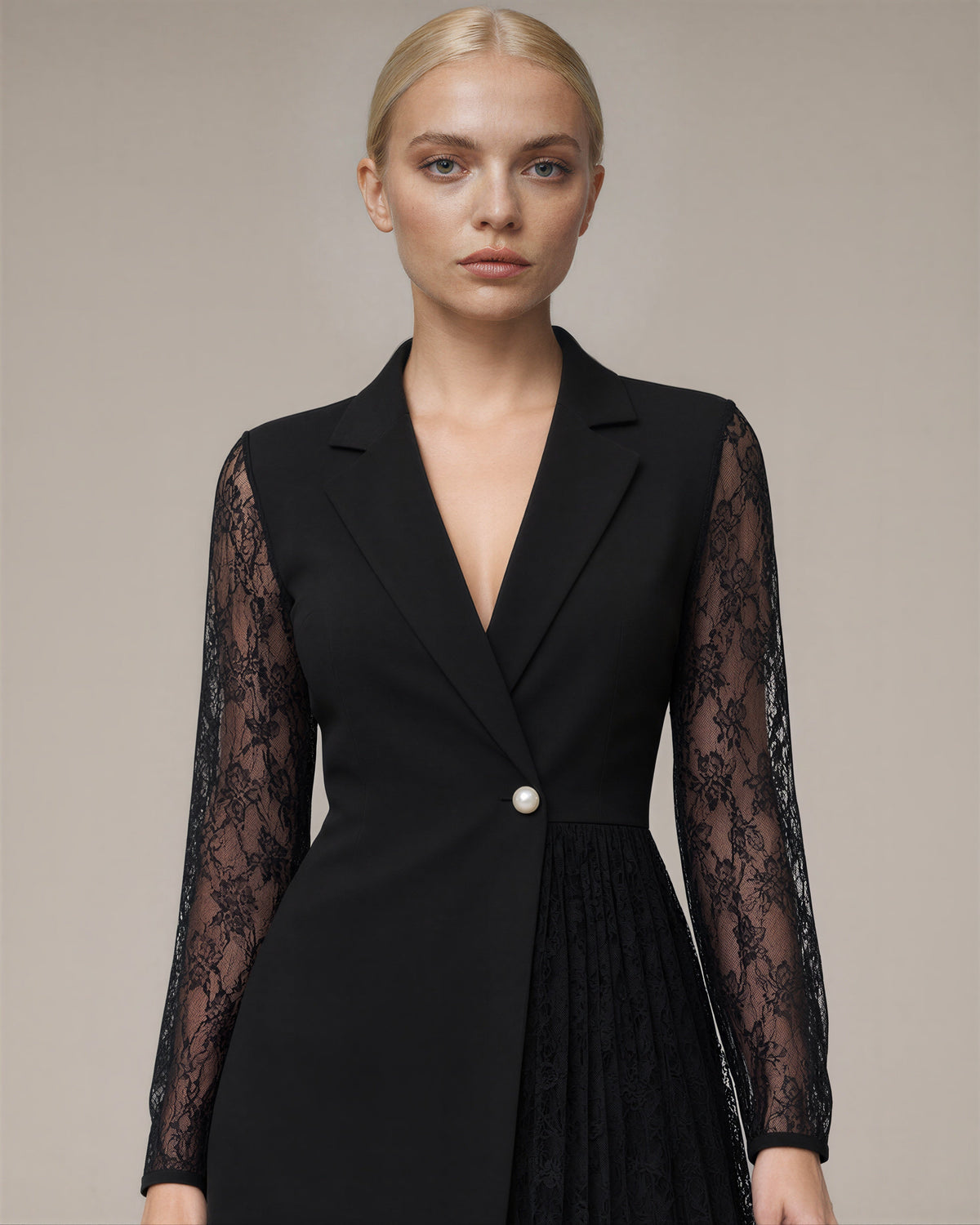 Ornella Lace Sleeve Asymmetric Blazer Mini Dress, black, close up above the waist
