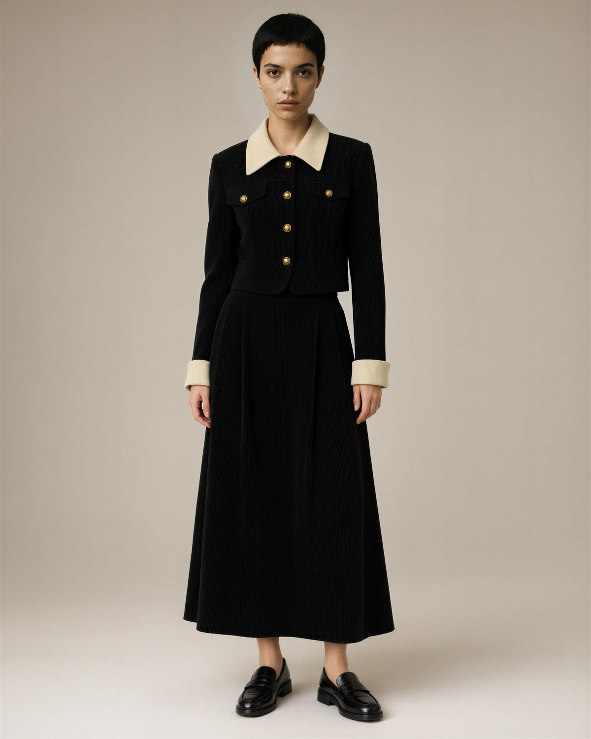 Orsola Corduroy Jacket and Long Skirt Set, black, full length front view