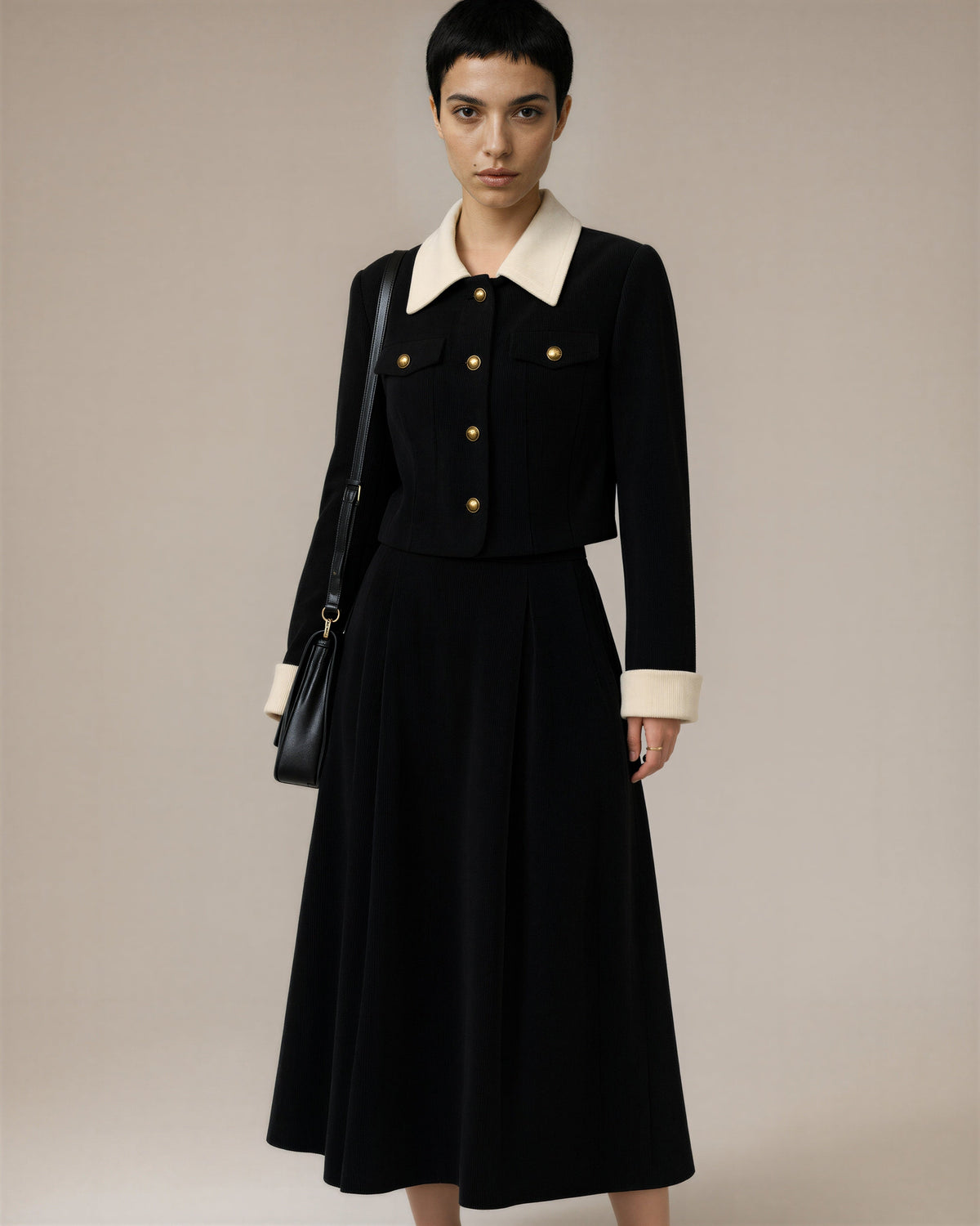Orsola Corduroy Jacket and Long Skirt Set, black, three quarter view