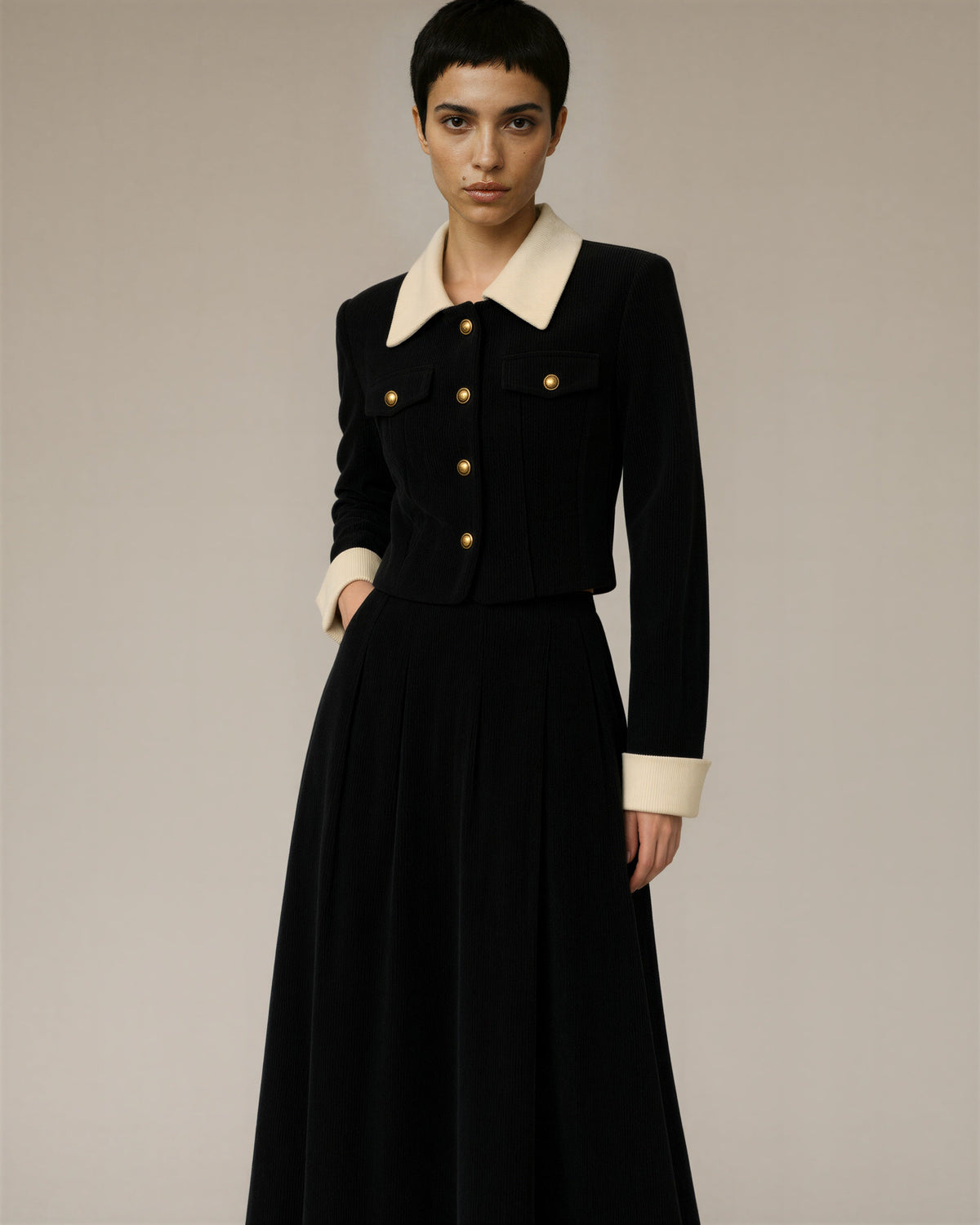 Orsola Corduroy Jacket and Long Skirt Set, black, front, hands on the waist