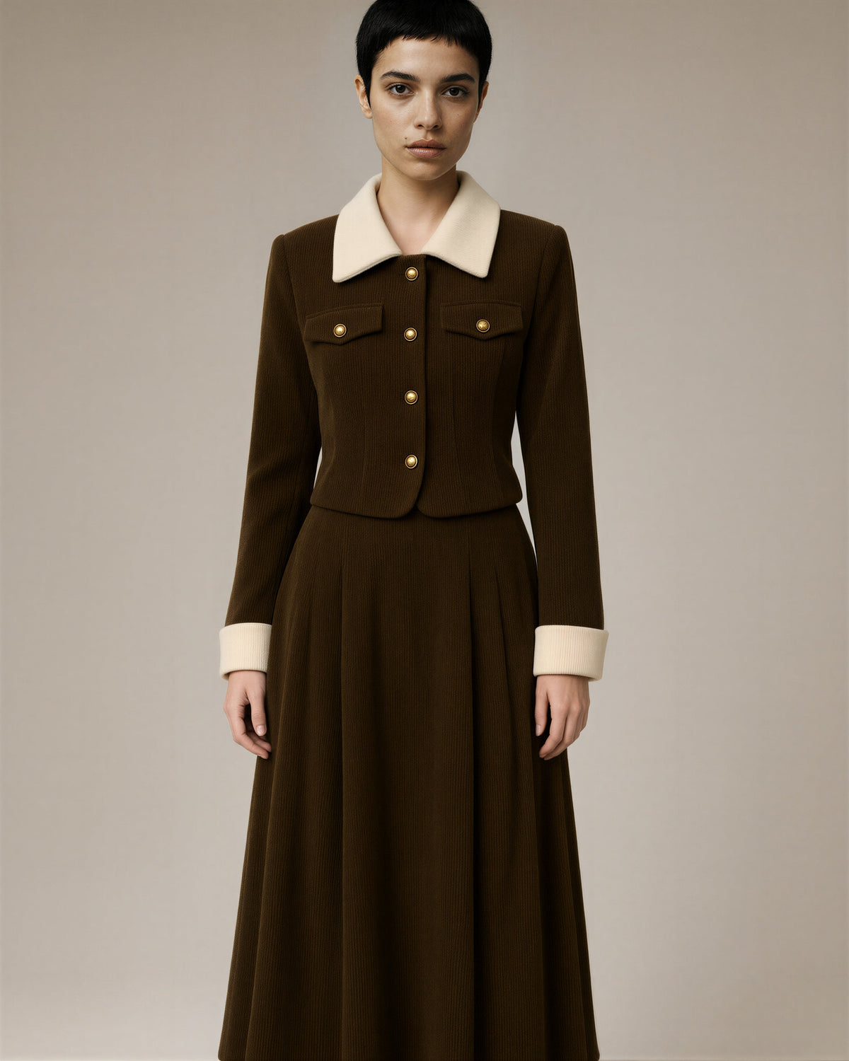 Orsola Corduroy Jacket and Long Skirt Set, brown color option