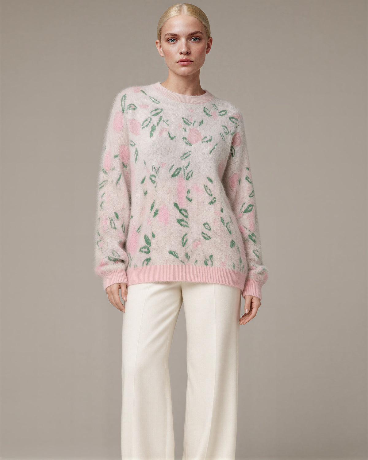 Ortensia Tulip Motif Jacquard Knit Sweater, pink green, front view