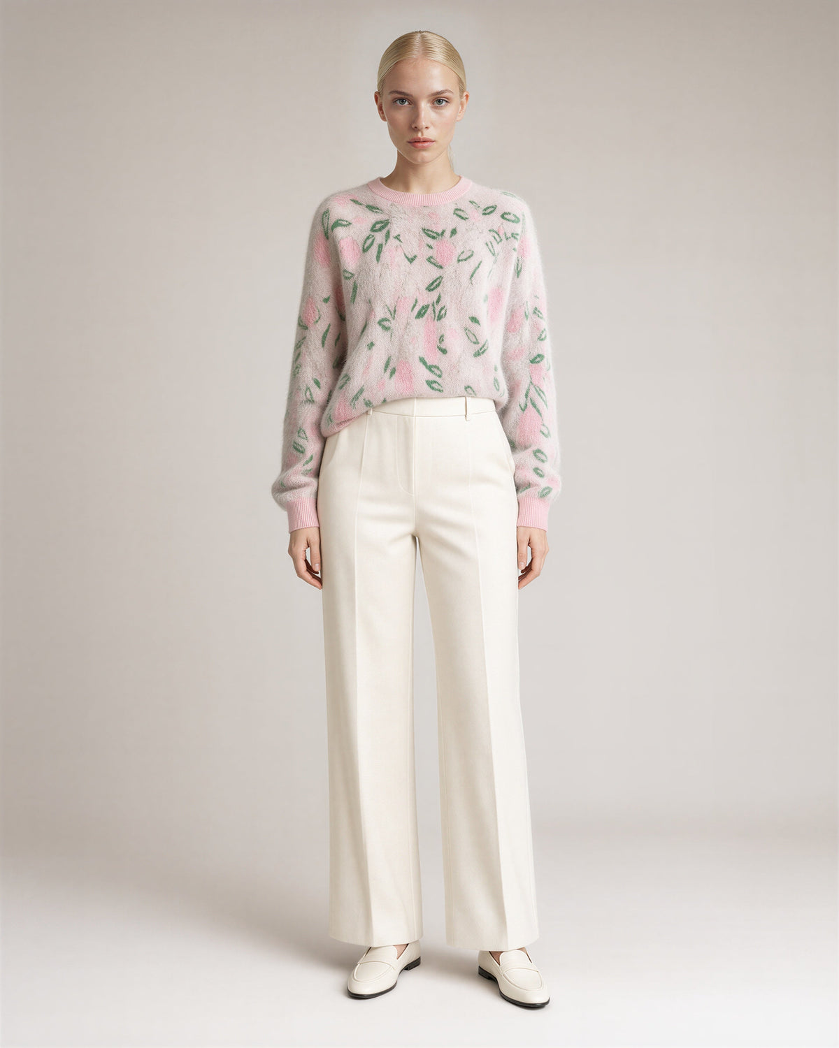 Ortensia Tulip Motif Jacquard Knit Sweater, pink green, full length front view