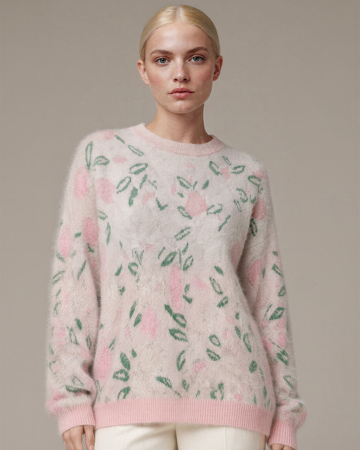 Ortensia Tulip Motif Jacquard Knit Sweater, pink green, close up above the waist