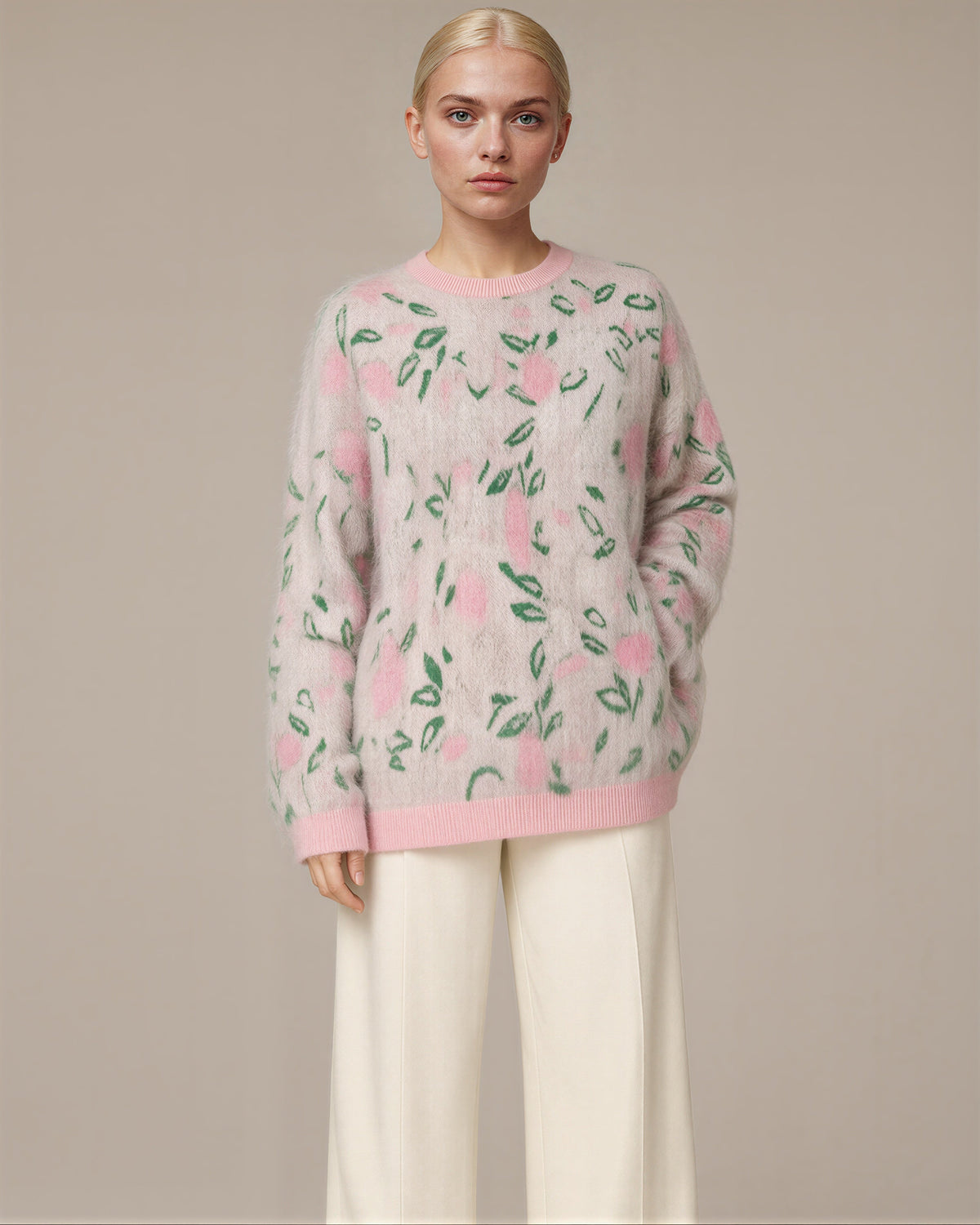 Ortensia Tulip Motif Jacquard Knit Sweater, pink green, three quarter view