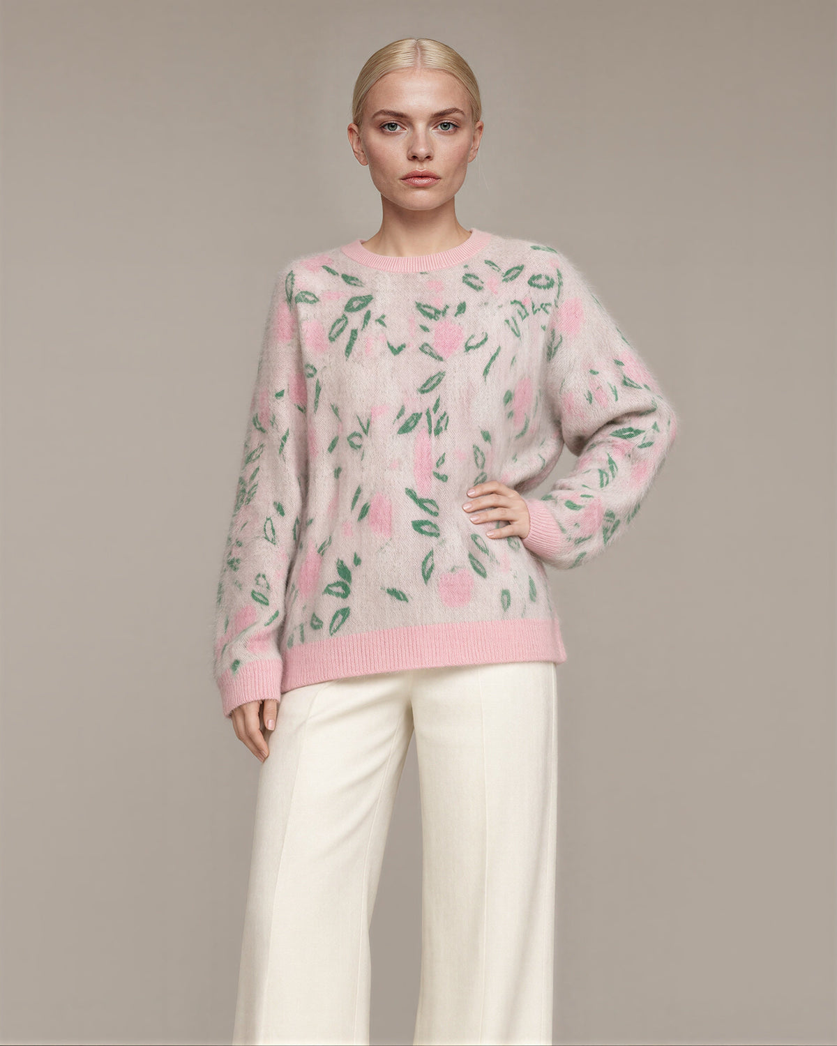 Ortensia Tulip Motif Jacquard Knit Sweater, pink green, front, hands on the waist
