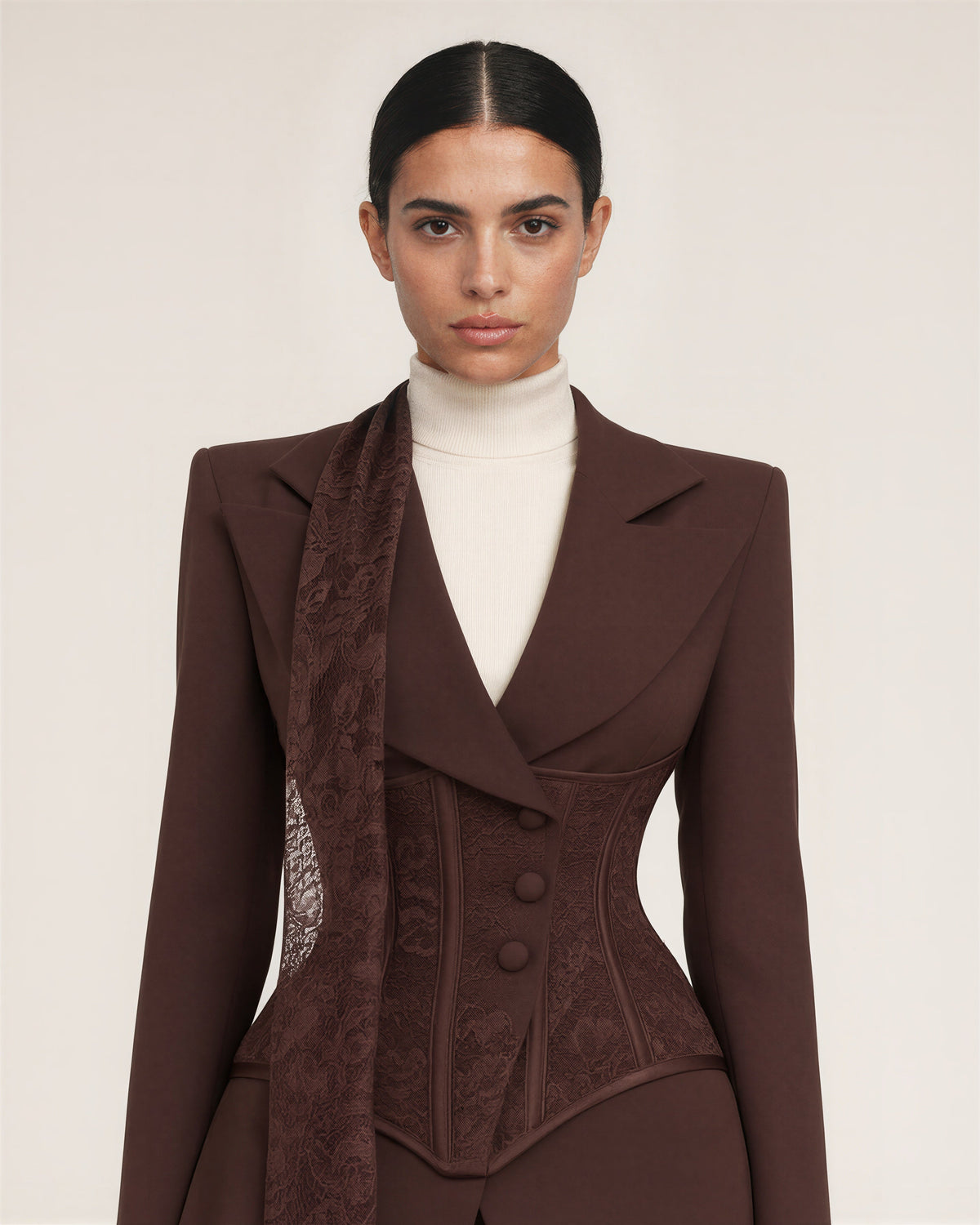 Ottavia Lace Corset Blazer and Mini Skirt Set, brown, close up above the waist