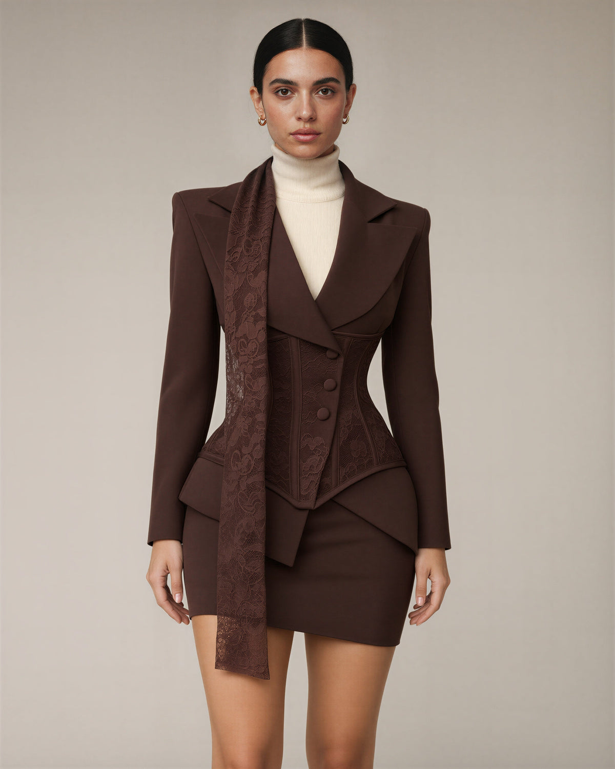 Ottavia Lace Corset Blazer and Mini Skirt Set, brown, three quarter view
