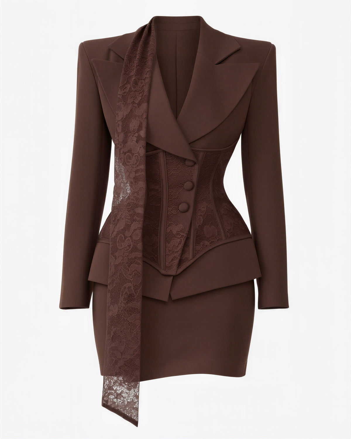 Ottavia Lace Corset Blazer and Mini Skirt Set, brown, product view without a model