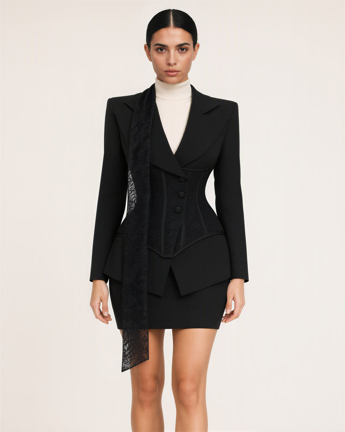 Ottavia Lace Corset Blazer and Mini Skirt Set, black color option