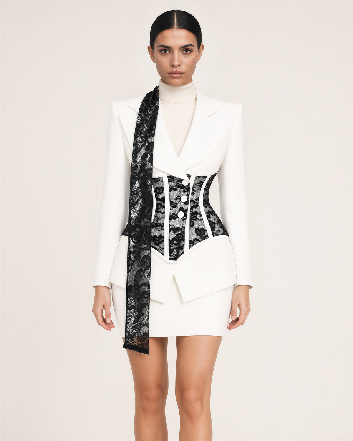 Ottavia Lace Corset Blazer and Mini Skirt Set, white black lace color option