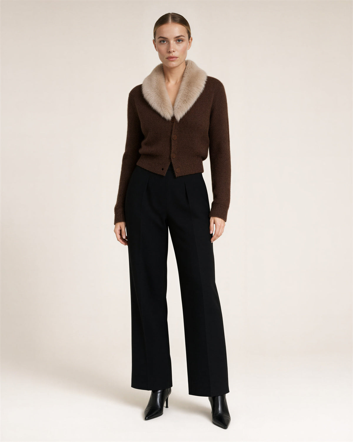 Paola Faux Fur Collar Cropped Knit Cardigan, dark brown, full length front view