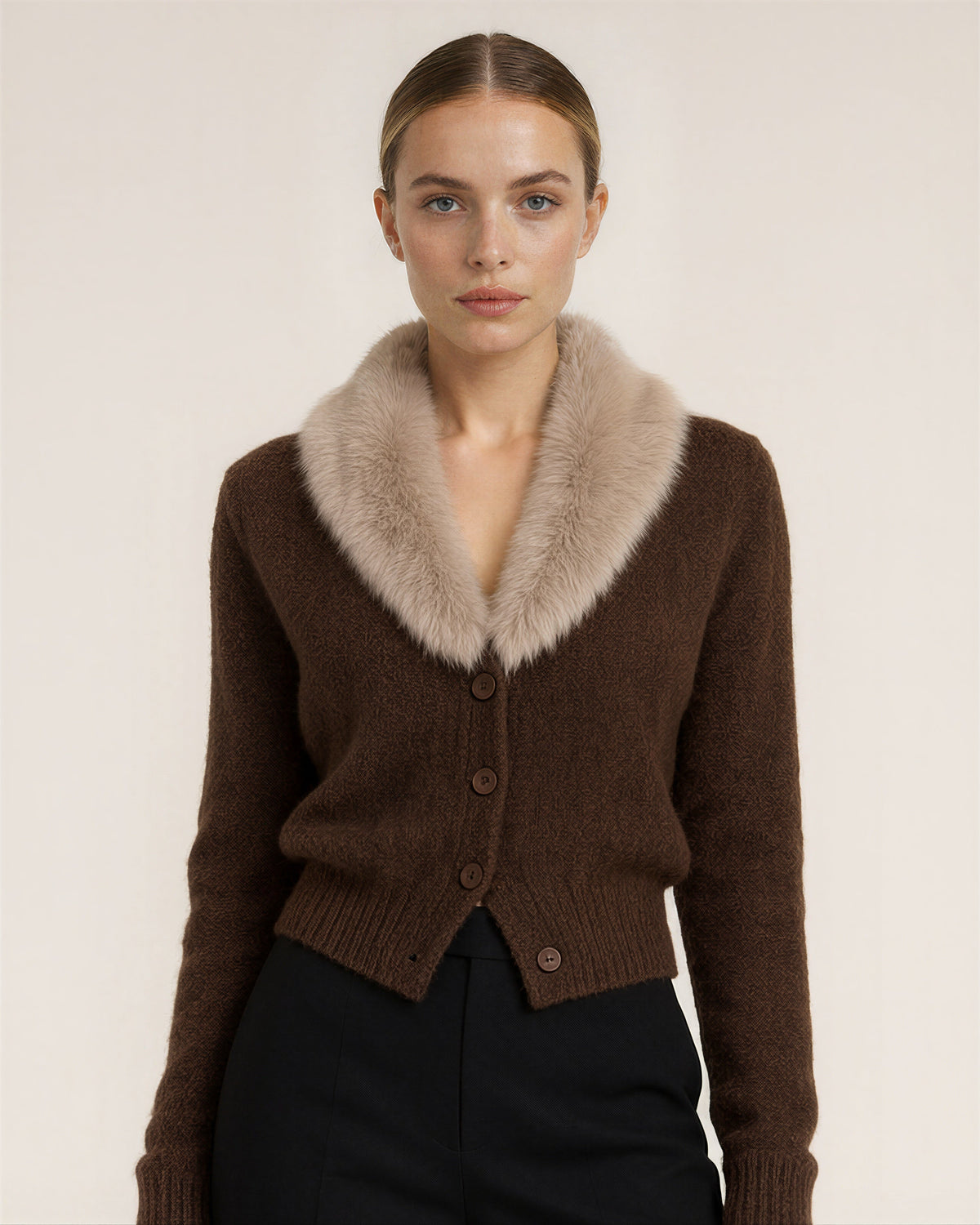 Paola Faux Fur Collar Cropped Knit Cardigan, dark brown, close up above the waist
