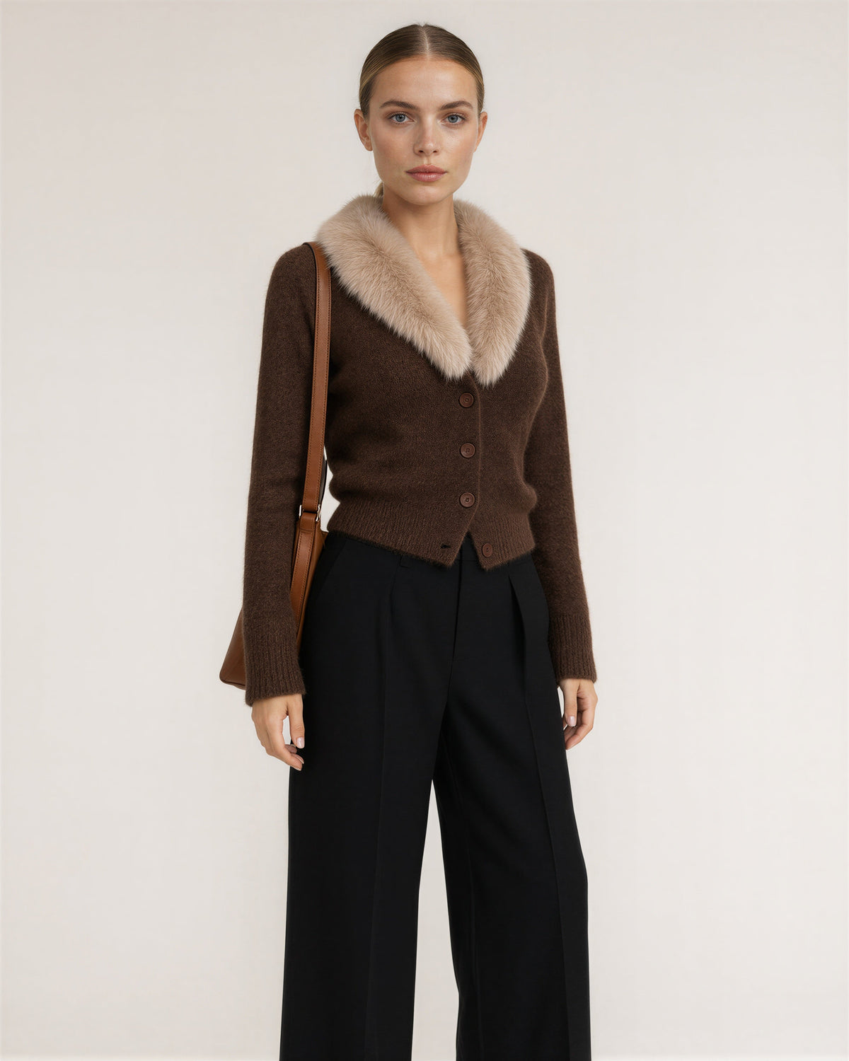 Paola Faux Fur Collar Cropped Knit Cardigan, dark brown, three quarter view