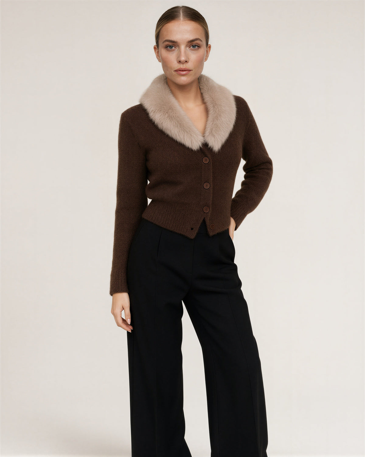 Paola Faux Fur Collar Cropped Knit Cardigan, dark brown, front, hands on the waist