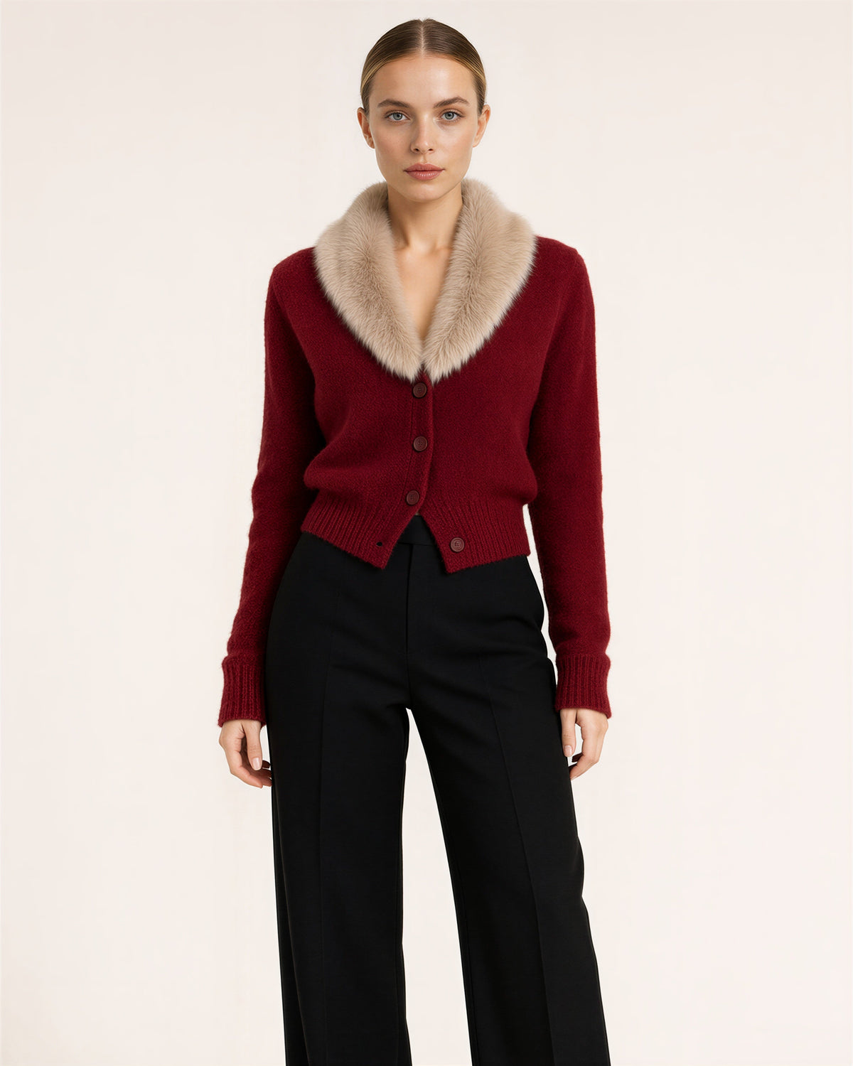 Paola Faux Fur Collar Cropped Knit Cardigan, red color option