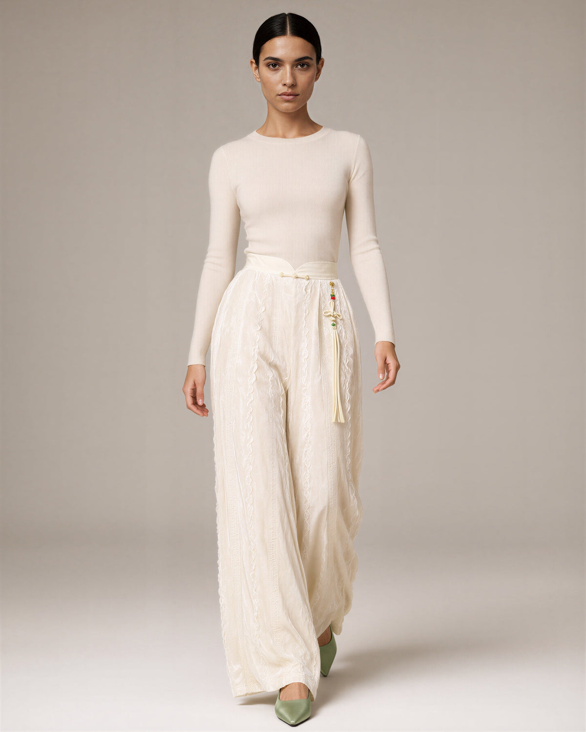Perla Tasselled Textured Velvet Wide Leg Trousers, ecru, full length walking view