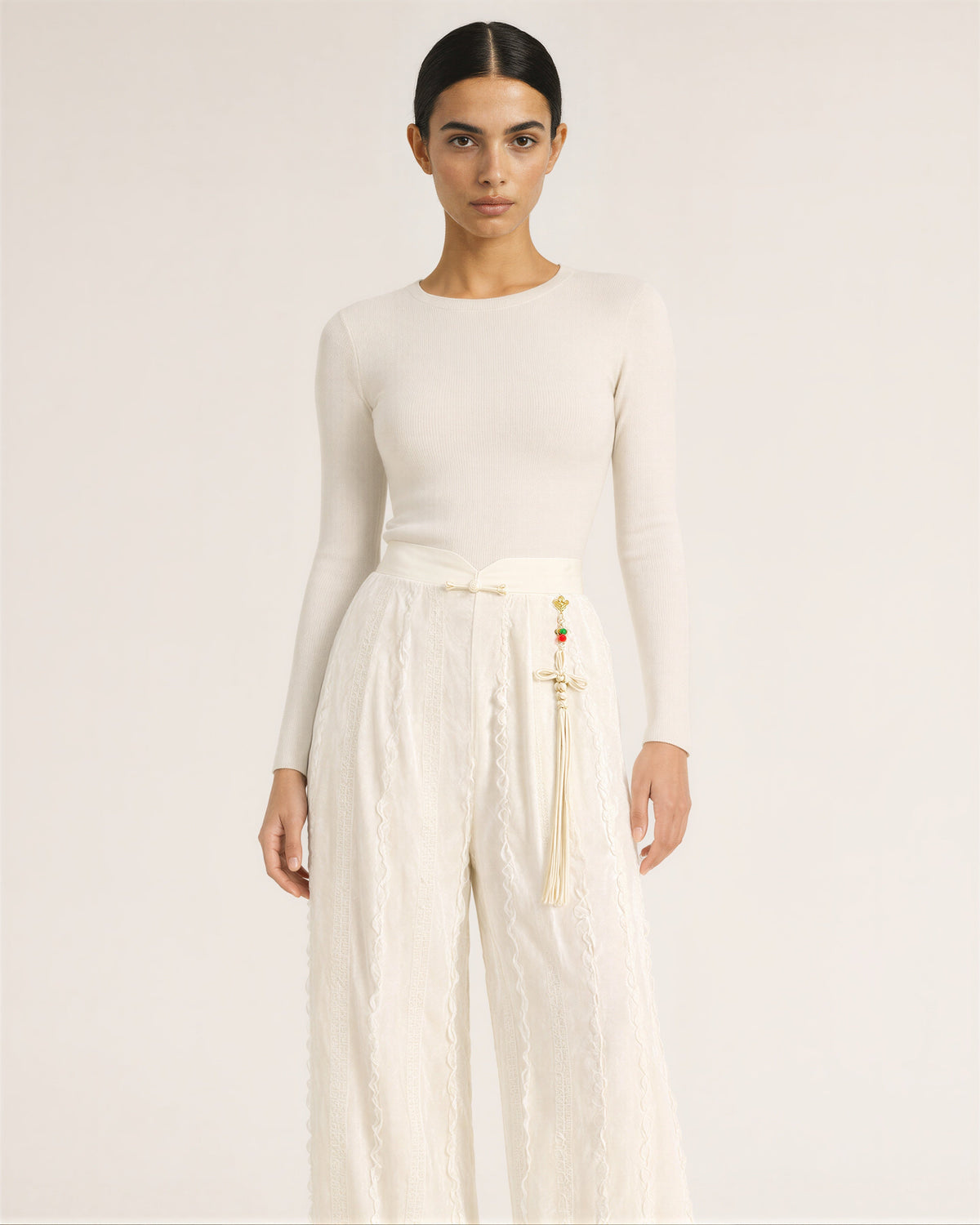 Perla Tasselled Textured Velvet Wide Leg Trousers, ecru, front view