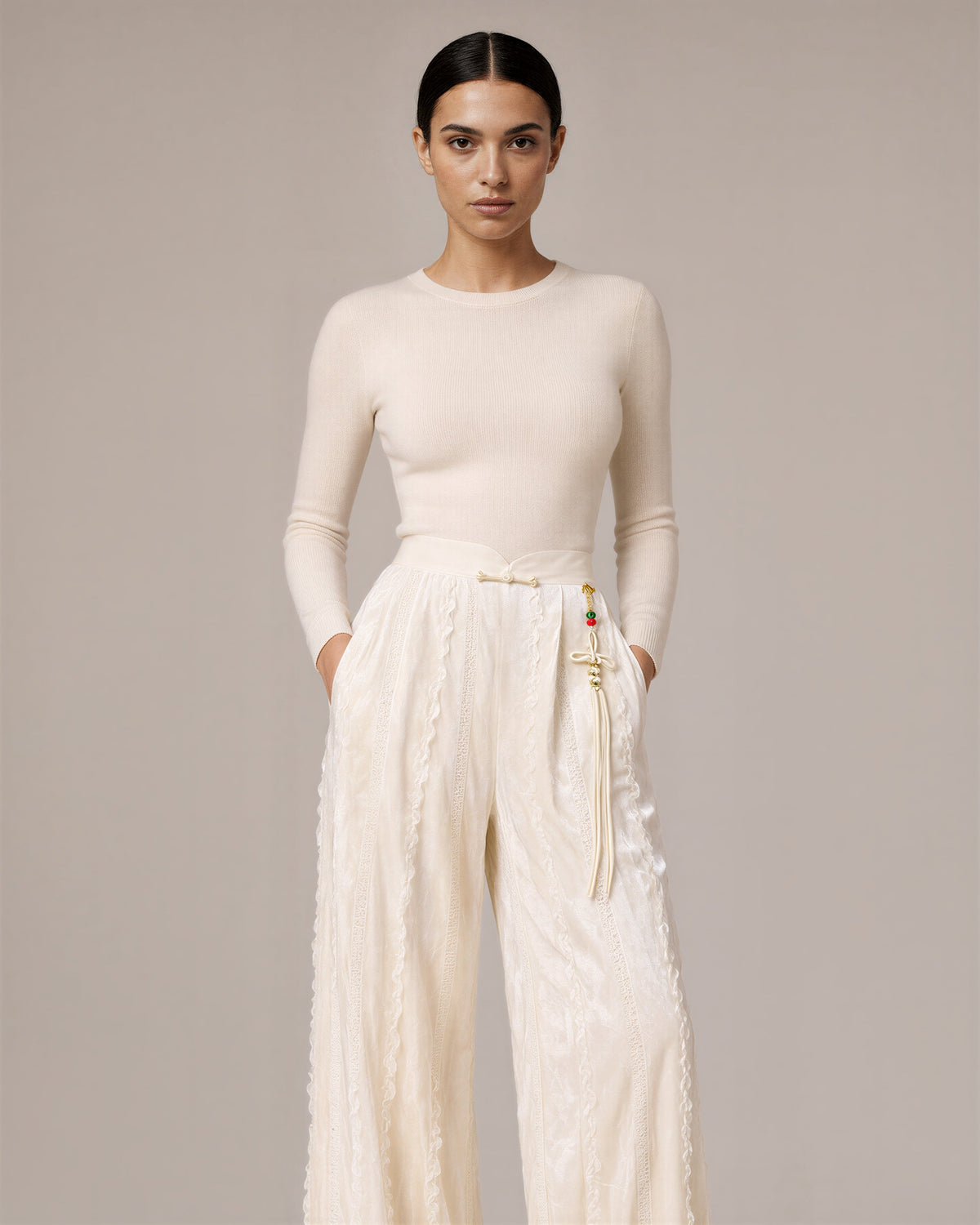 Perla Tasselled Textured Velvet Wide Leg Trousers, ecru, front, hands in pockets