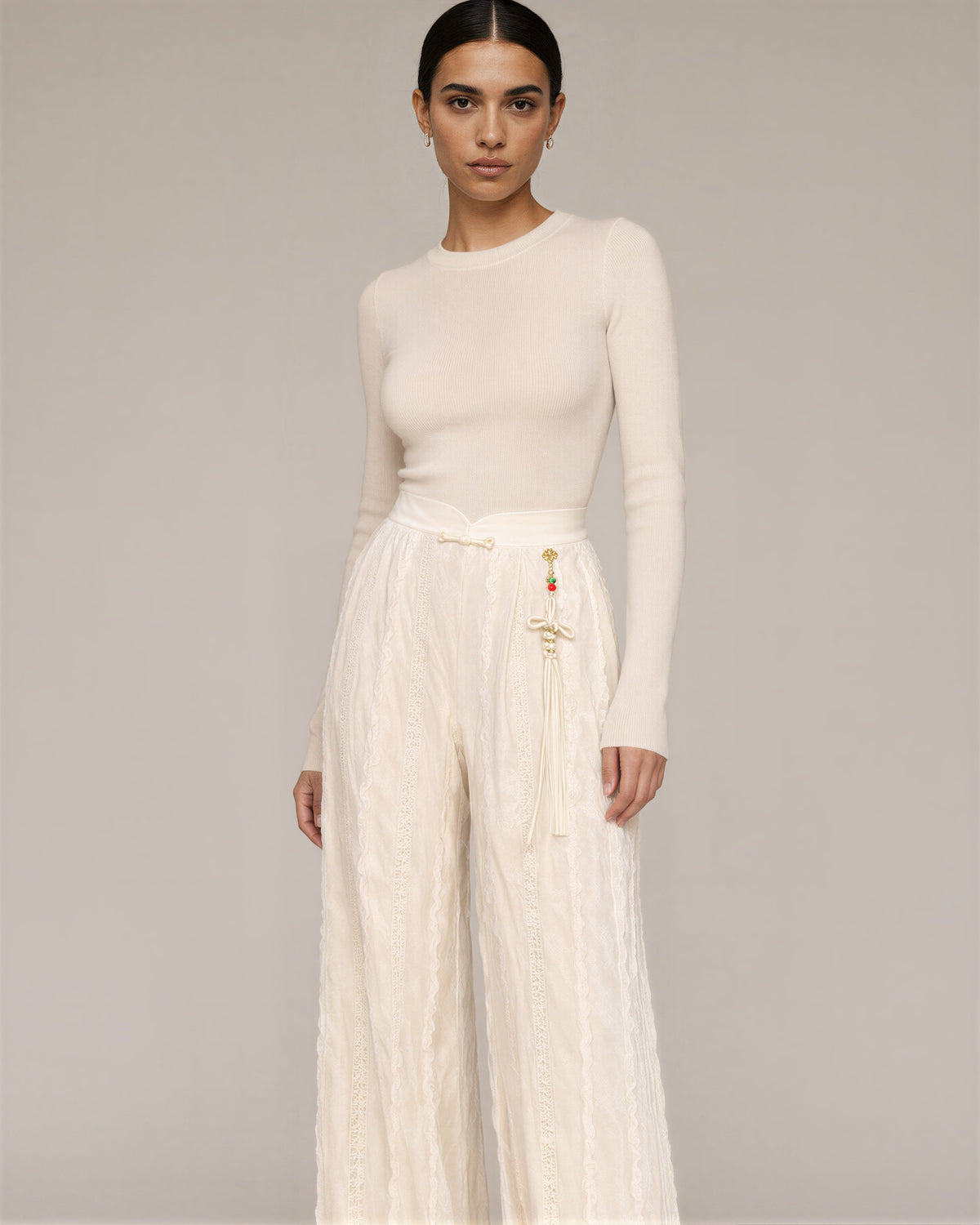 Perla Tasselled Textured Velvet Wide Leg Trousers, ecru, three quarter view