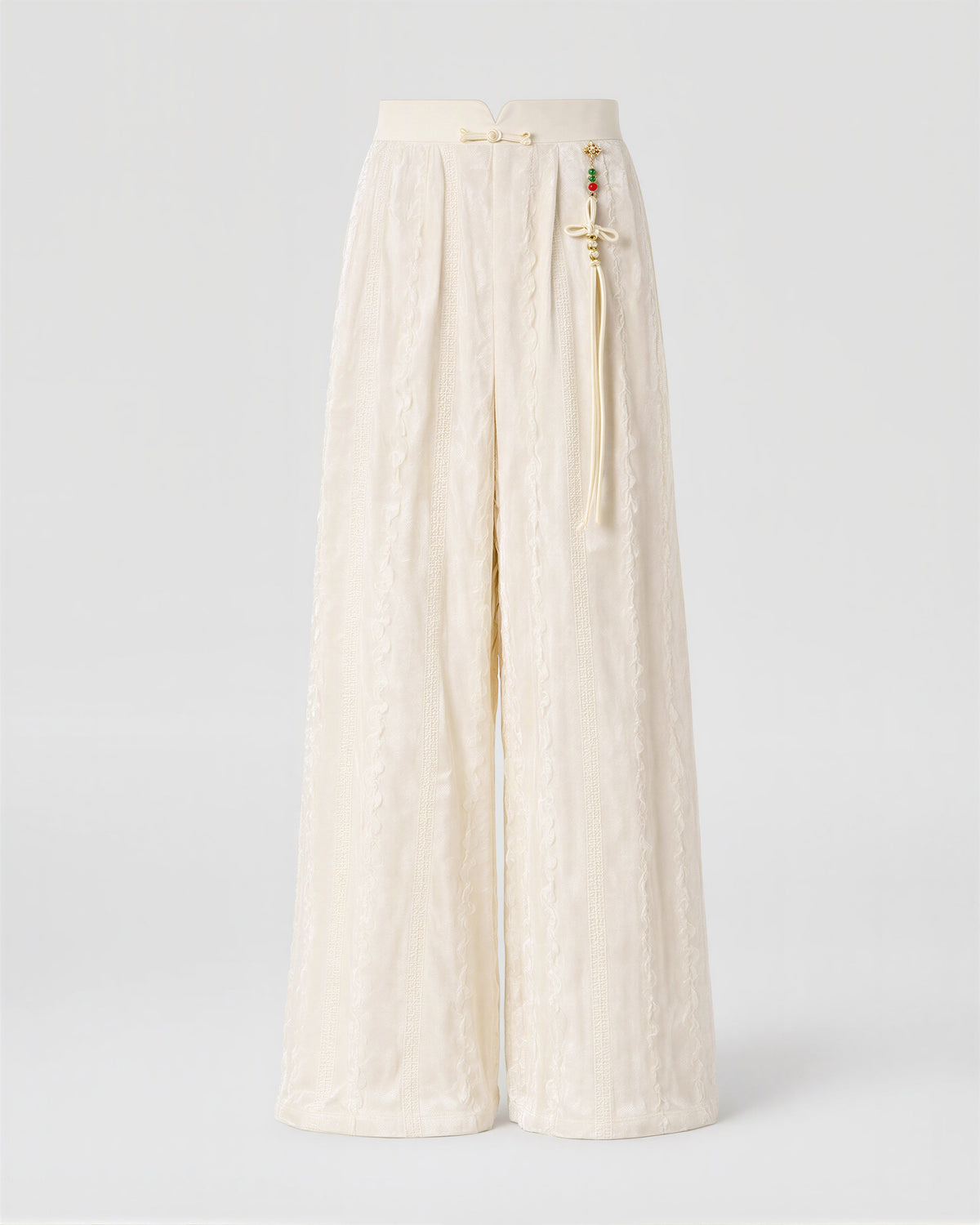 Perla Tasselled Textured Velvet Wide Leg Trousers, ecru, product view without a model