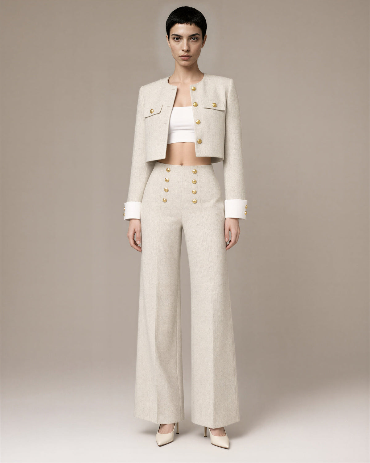 Petra Tweed Cropped Jacket and Trouser Set, Cream, cream, full length front view