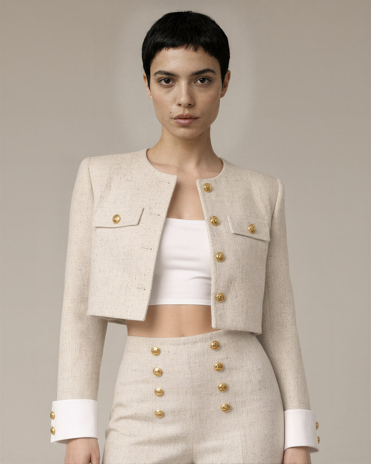 Petra Tweed Cropped Jacket and Trouser Set, Cream, cream, close up above the waist