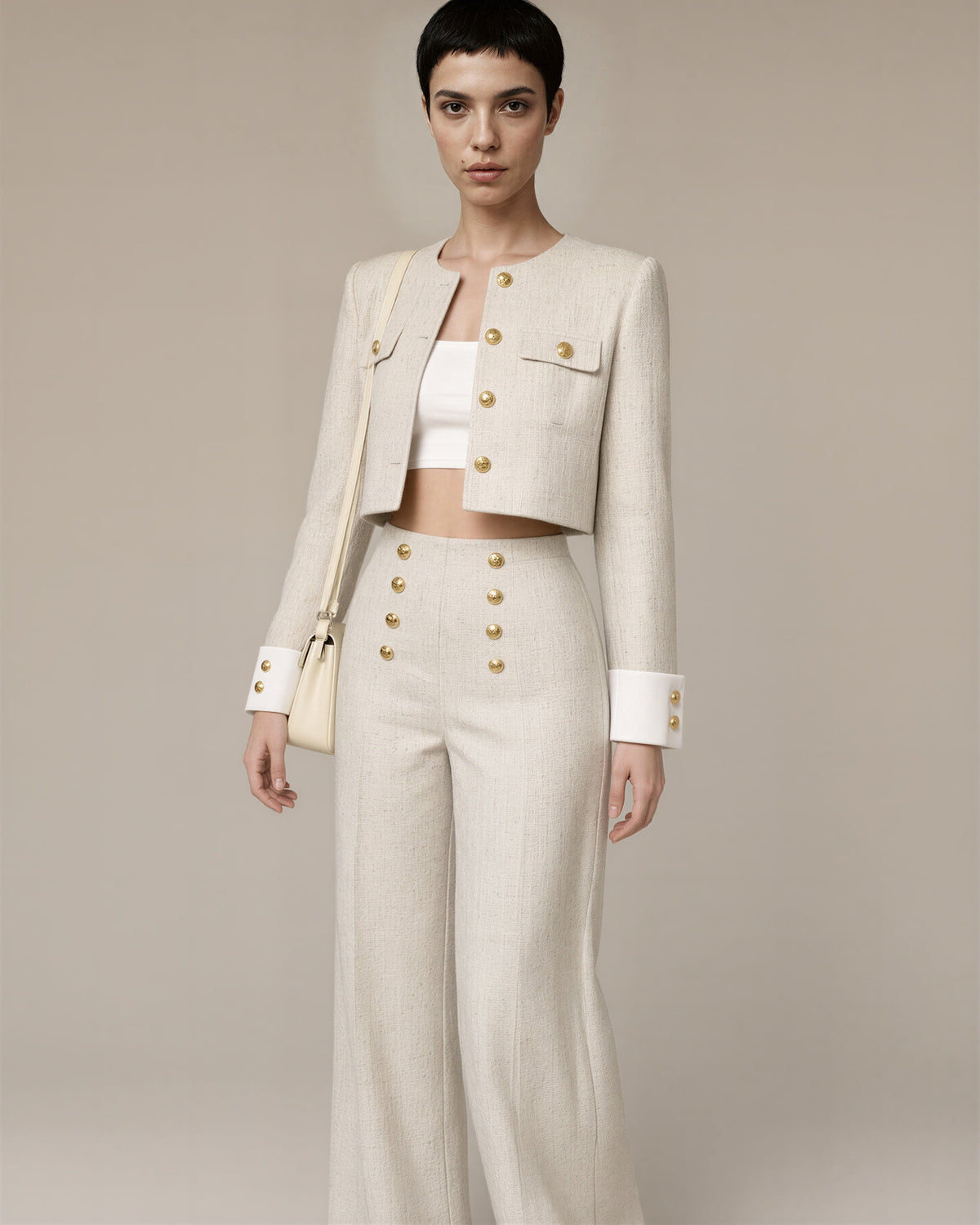 Petra Tweed Cropped Jacket and Trouser Set, Cream, cream, three quarter view