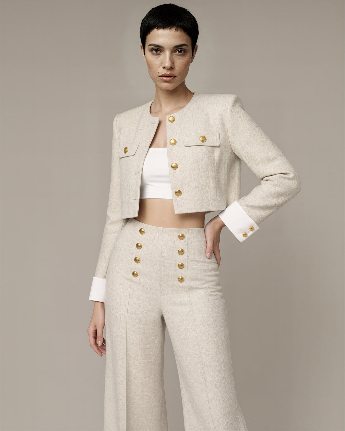 Petra Tweed Cropped Jacket and Trouser Set, Cream, cream, front, hands on the waist